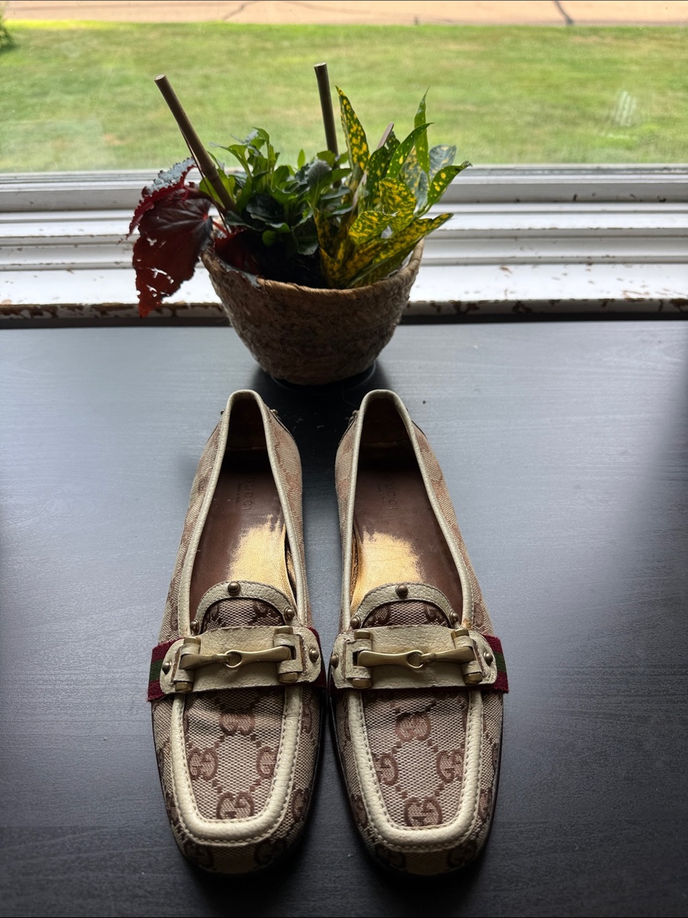 Gucci Beige Monogram Canvas Loafers with Gold-Tone Horsebit